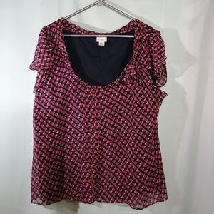 Red Geometric Print Blouse Short Sleeve Scoop Neck Lightweight Top